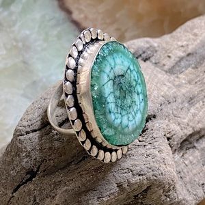 Green Solar Quartz Gemstone ring, .925 Sterling silver overlay, geode druzy.